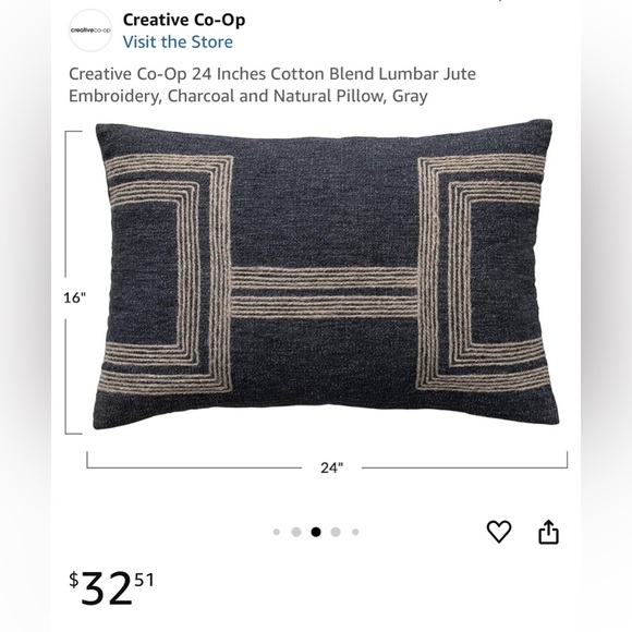 Creative Co-Op 24 Inches Cotton Blend LumbarJute Embroidery Charcoal Pillow Gray - Picture 10 of 10